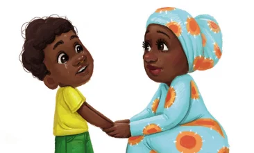 A cartoon of a child and adult holding hands and talking